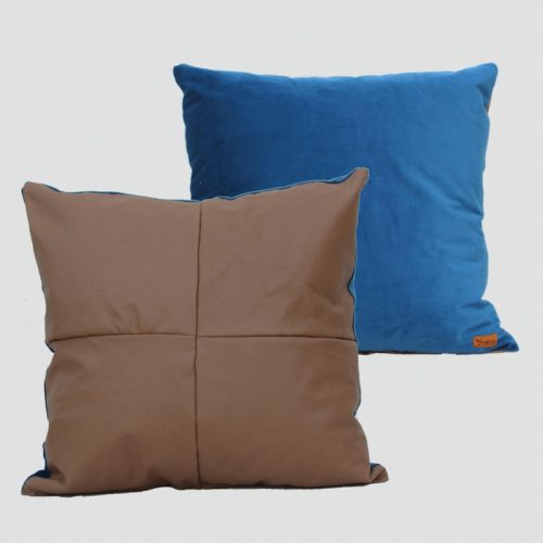 Teal Velvet and Tan Leather Cushion | 51 x 51cms