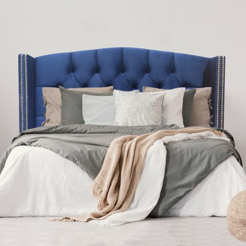 Royal Blue Velvet Tufted Upholstered Bedhead with Curve Top and Wings